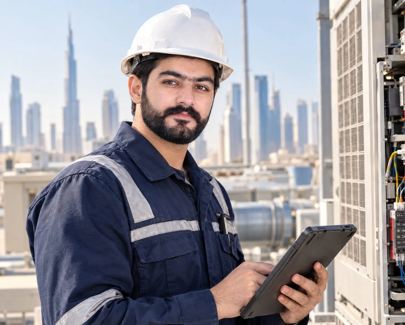 Engineer in a hard hat holding a tablet on a rooftop plant area