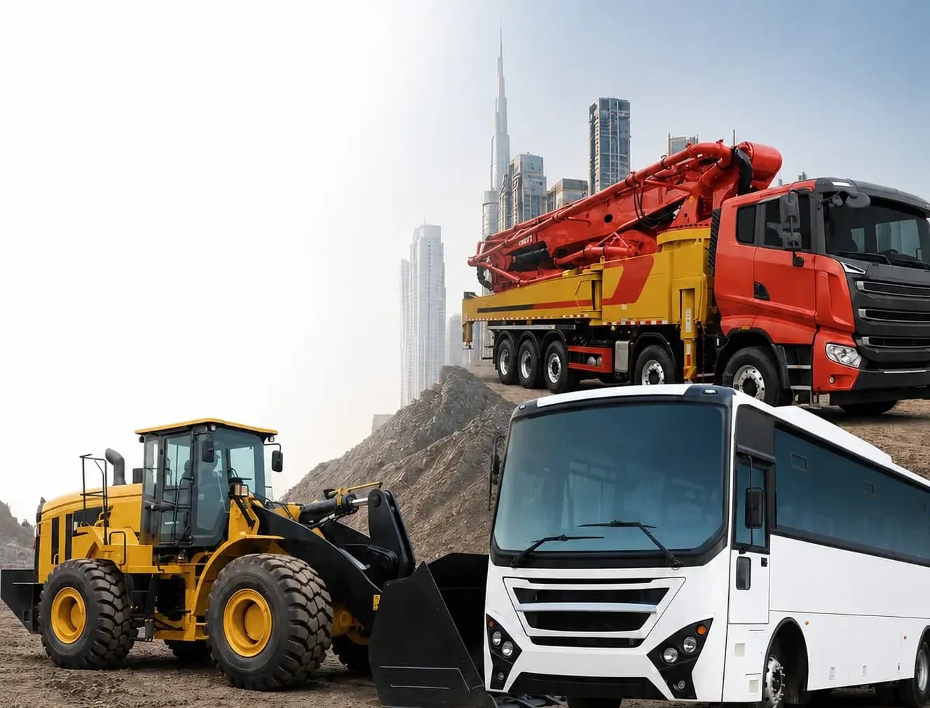 Wheel loader, concrete pump truck and staff bus in front of a city skyline