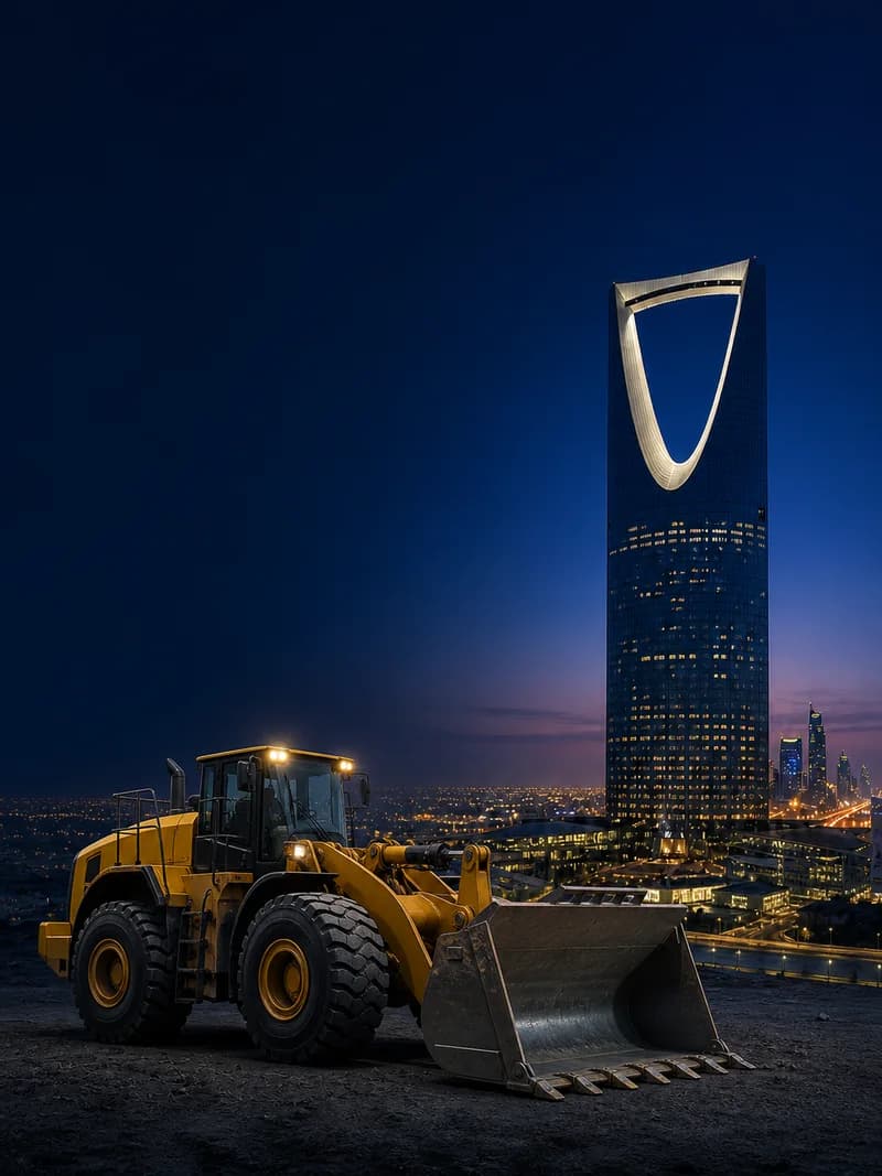 محمل بعجلات أمام أفق مدينة الرياض ليلاً