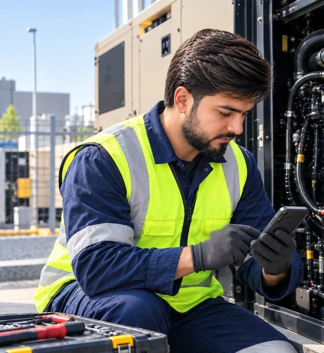 Technician in hi-vis checking a job on his phone beside a generator